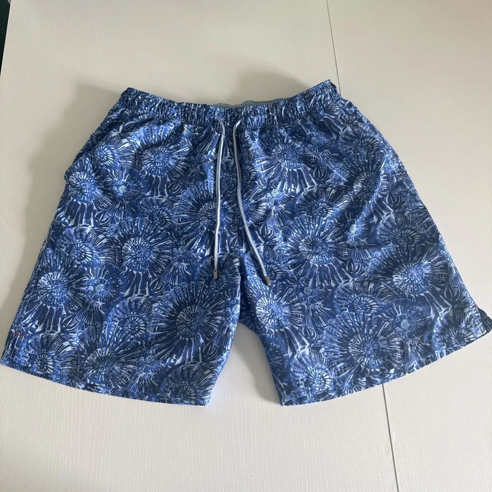 Peter Millar Seaside Mens L Blue Fossil Swim Trunks Lined Stretch